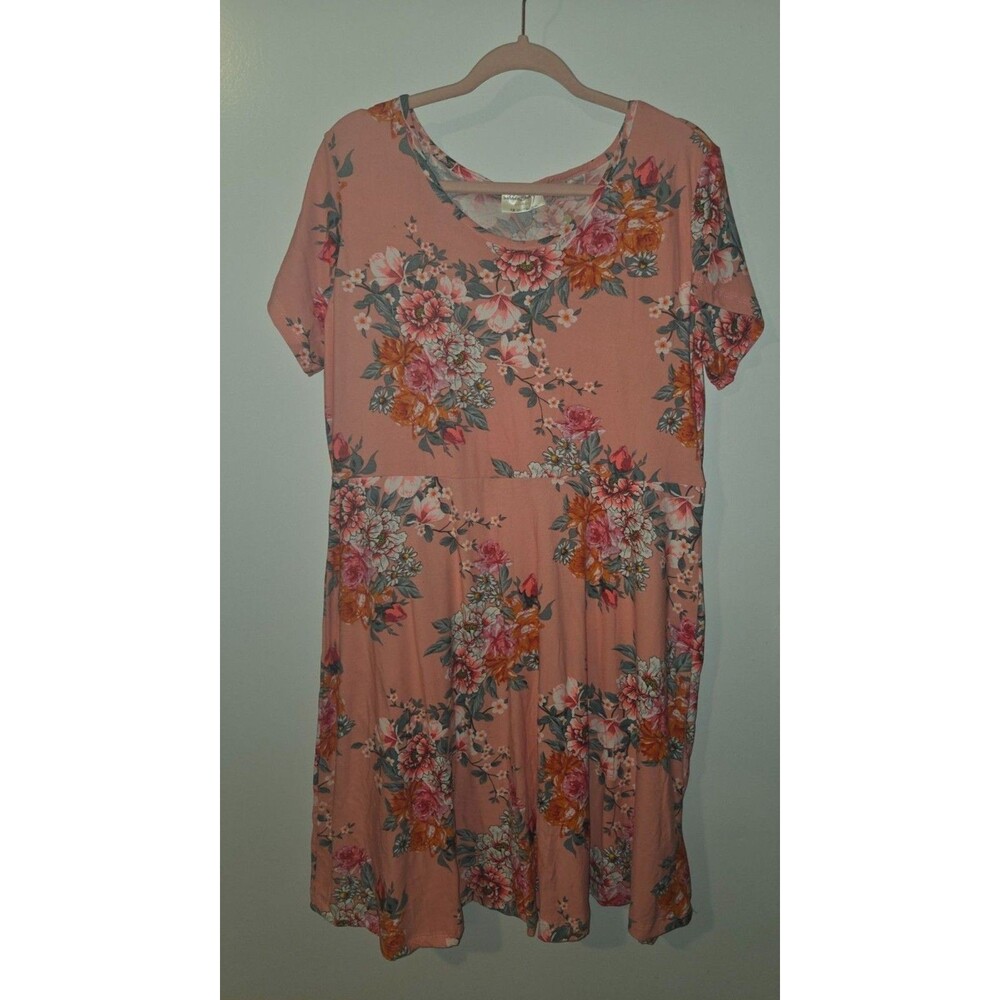 Bobbie Brooks Womens 1X Fit & Flare Pink Floral Dress Soft Comfy Casual Summer